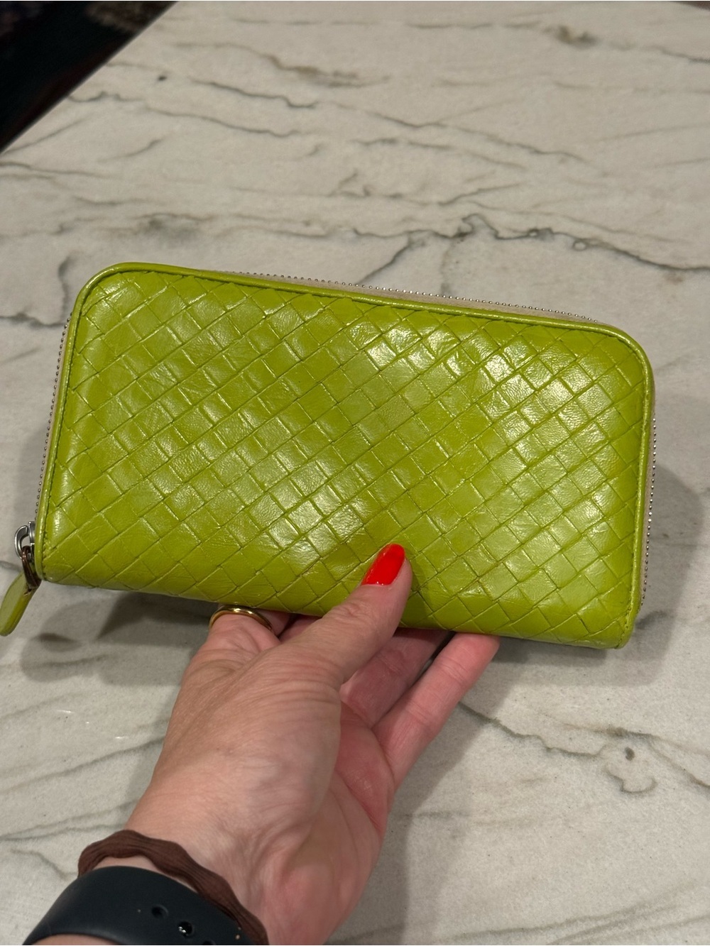 Bottega Veneta Intrecciato Lime Green Zip Around Wallet Entrupy Certified